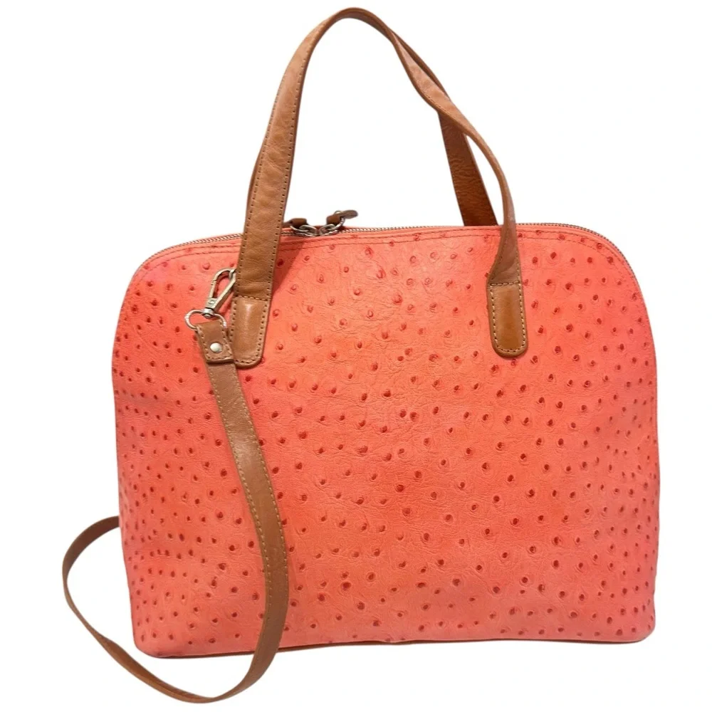Valentina Orange Ostrich Embossed Leather Satchel‎ Crossbody Bag Top Handle